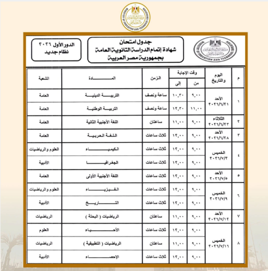 جدول امتحانات الثانوية العامة 2026 في مصر رسميًا.. مواعيد الامتحانات كاملة لطلاب النظامين وSTEM وخطة الوزارة الجديدة